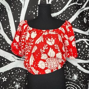 Haute Hippie Red & White Floral Off-Shoulder Crop Top